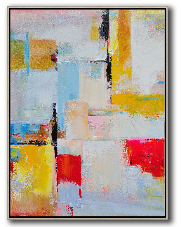 Huge Abstract Painting On Canvas,Vertical Palette Knife Contemporary Art,Hand-Painted Canvas Art,Pink,Red,Yellow,Grey,Sky Blue.Etc